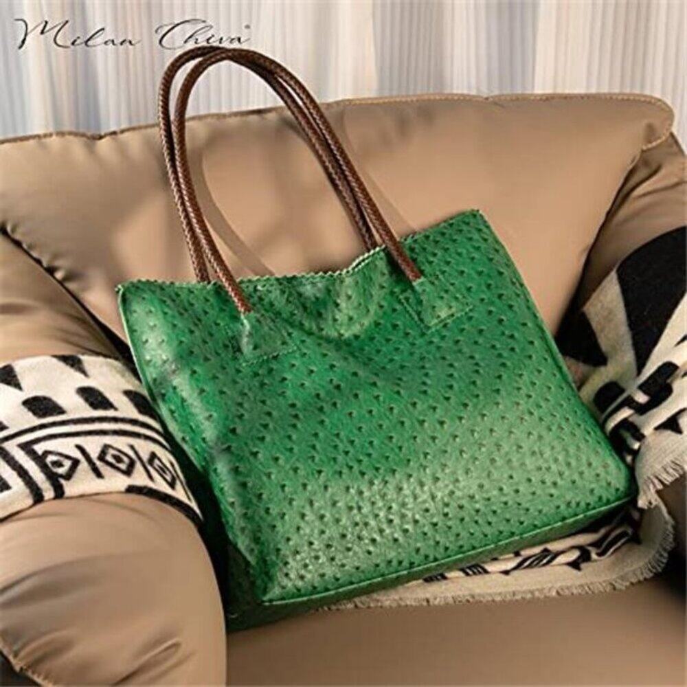 Green Tote Bag for Women with Zipper Large Ostrich Vegan Leather Shoulder Bag